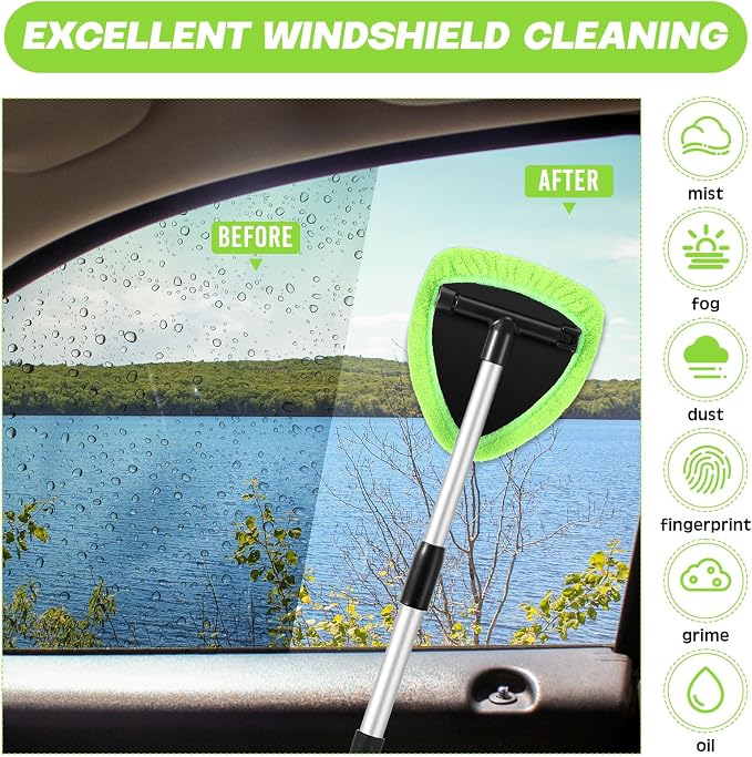 Baderke 10 Pcs Windshield Cleaner Tool Car Window Cleaning Supplies with Extendable Handle Include 6 Washable Microfiber Bonnets 2 Empty 60ml Spray Bottle Glass Wiper Kit (Green)
