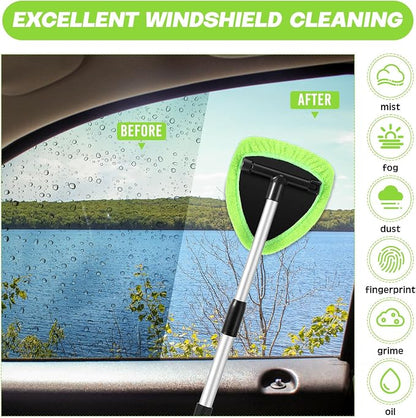 Baderke 10 Pcs Windshield Cleaner Tool Car Window Cleaning Supplies with Extendable Handle Include 6 Washable Microfiber Bonnets 2 Empty 60ml Spray Bottle Glass Wiper Kit (Green)