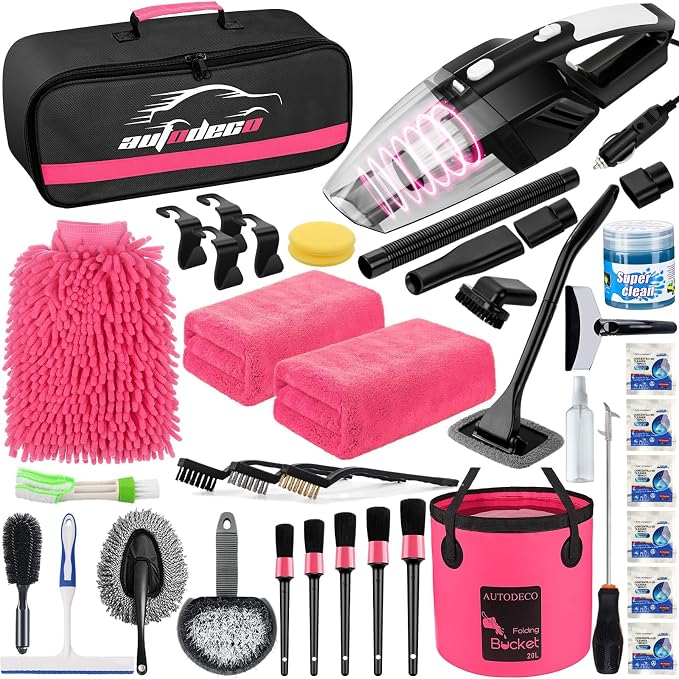 41Pcs Car Cleaning Wash Kit Interior Detailing Cleaner Kit with High Power Handheld Vacuum, Collapsible Bucket, Windshield Tool, Snow Shovel, Tire Brush, Complete Car Care Tools, Pink