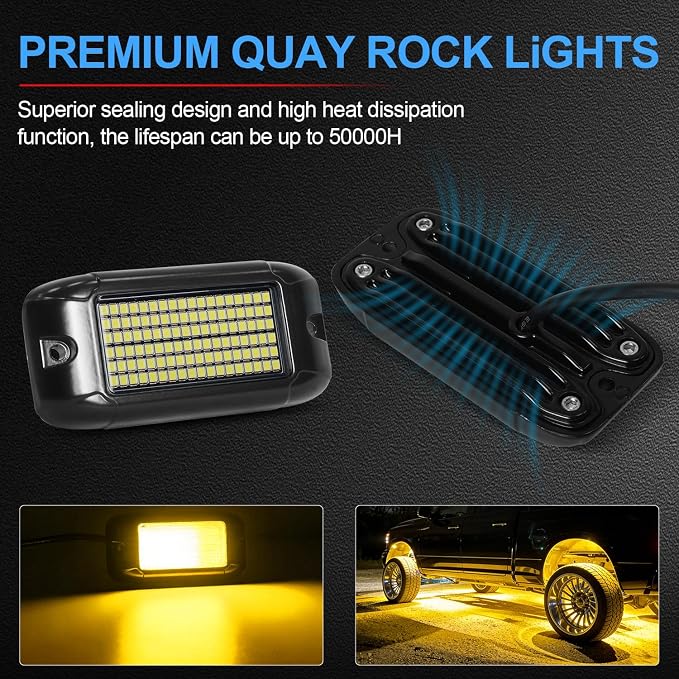 Nicoko 108 High-Power LEDs per Pod 4Pods Yellow Amber Rock Lights Ultra-Bright Offroad Underglow Kit Advanced Heat Dissipation IP68 Waterproof for Truck, SUV, UTV, ATV, RZR