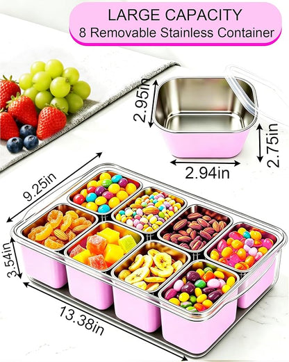 Snackle Box Container, Stainless Steel Divided Serving Tray with Lid and Handle, Large Snack Tray for Fruit Veggie Candy, 8-Compartment Snack Platter for Travel Beach Picnic,with Pink Silicone Sleeve