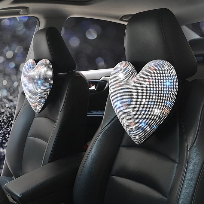 Bling Bling Car Seat Pillows – Sparkly Rhinestone Headrest Neck Support Pillow for Women, Girls, and Ladies – Shiny Diamond Interior Accessories for Travel and Comfort White 2 Pieces