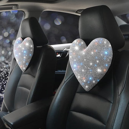 Bling Bling Car Seat Pillows – Sparkly Rhinestone Headrest Neck Support Pillow for Women, Girls, and Ladies – Shiny Diamond Interior Accessories for Travel and Comfort White 2 Pieces