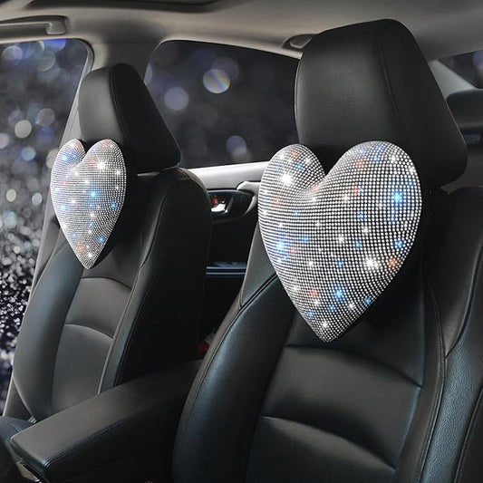 Bling Bling Car Seat Pillows – Sparkly Rhinestone Headrest Neck Support Pillow for Women, Girls, and Ladies – Shiny Diamond Interior Accessories for Travel and Comfort White 2 Pieces