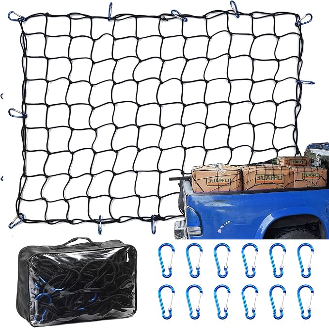 Amiss 3' x4' Stretches to 6' x 8' Truck Cargo Net, Roof Rack Cargo Net for Pickup Trucks SUV, Heavy Duty Truck Bed Cargo Bungee Net with 12 Blue Clips and Storage Bag， Car Exterior Accessories