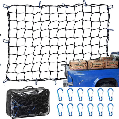 Amiss 3' x4' Stretches to 6' x 8' Truck Cargo Net, Roof Rack Cargo Net for Pickup Trucks SUV, Heavy Duty Truck Bed Cargo Bungee Net with 12 Blue Clips and Storage Bag， Car Exterior Accessories
