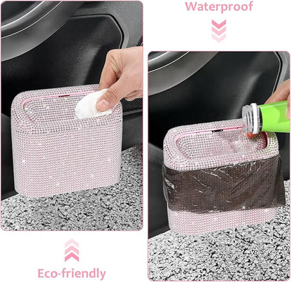 Accmor Bling Car Trash Can with Lid, Leakproof Mini Vehicle Trash Bin Automotive Dustbin Organizer Storage, Sparkling Crystal Rhinestone Trash Bag Container with 30pcs Garbage Bags Car Accessories