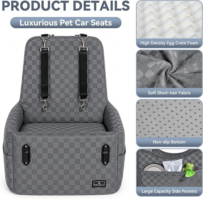 PETSFIT Dog Car Seat for Small/Medium Dogs Up to 35 lbs – Patented Safety System, 5" Memory Foam Pet Booster Car Seat, Fully Detachable and Washable Dog Carseat with 2 Storage Pockets (Grey)