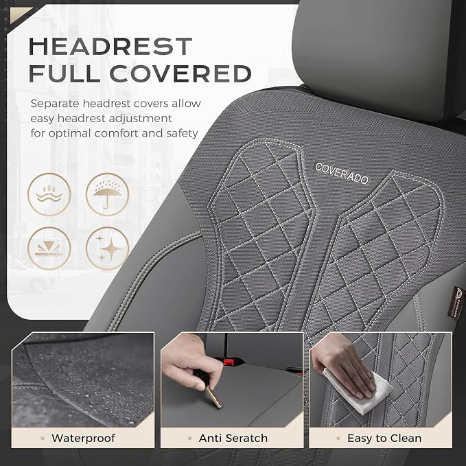 Coverado Car Seat Covers 2-Pack, Luxury Front Seat Covers, Automotive Car Seat Protectors, Gray Driver Seat Covers Universal Fit for SUVs, Trucks, Sedans