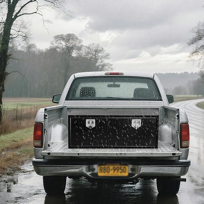 Black Steel Underbody Truck Box, 48"×18"×18" Pickup Storage Box, Heavy Duty Diamond Plate Tool Box with Lock and Keys, Waterproof Trailer Storage Box with T-Handle Latch for Truck, Van, Trailer