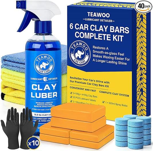 TEAWOO Clay Bars Kit, 6 Clay Bars & 20 PCS Lubricant Tablets, Complete Car Detailing Kit, Spray Bottle, Disposable Gloves and Microfiber Towels for Car Detailing Cleaning