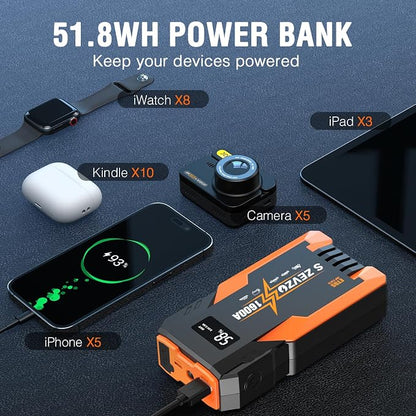 S ZEVZO Jump Starter 1000A Peak Portable Jump Starter for Car (Up to 7.0L Gas 5.5L Diesel Engine) 12V Auto Battery Booster Pack with Jumper Clamps