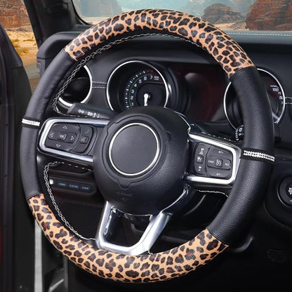 Leopard Steering Wheel Cover Leather 14.5-15 Inch, Bling Rhinestones, Anti-Slip Design, Universal Fit for Cars, SUVs, Cute Decoration for Women