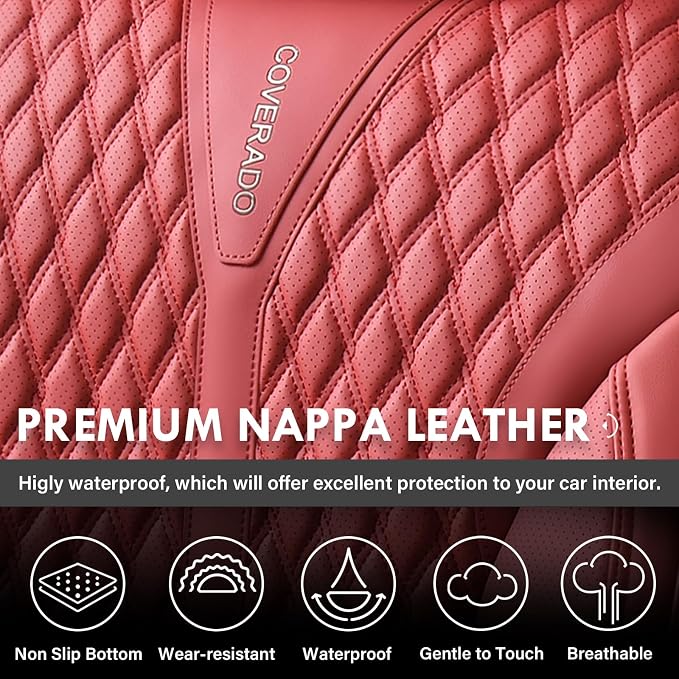 Coverado Car Seat Covers Full Set, Waterproof Nappa Leather Seat Covers for Cars, Front and Back Car Seat Protector, Luxury Car Seat Covers, 5 Seats Universal Red Car Seat Cover Fit for Most Cars