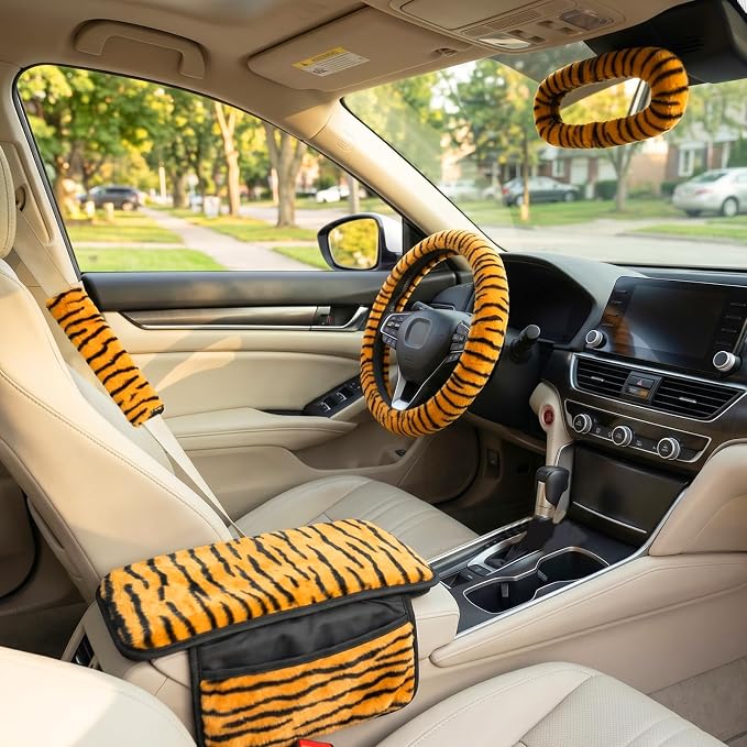 5 Pcs Fuzzy Animal Print Car Accessories Set, Soft Fluffy Plush Steering Wheel Cover, Center Console Armrest Pad & Rearview Mirror Cover - Interior Decorations for Women,Universal Fit (Tiger Print)