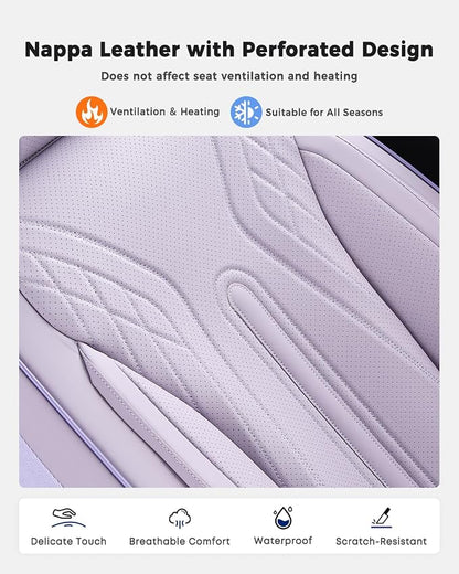 Huidasource Car Seat Covers Full Set, Universal Fit for Most Cars SUV Trucks, Full Coverage Nappa Leather Seat Cover, Airbag, Cupholder Compatible, Velcro Adjustable,Seat Function Retain, Light Purple