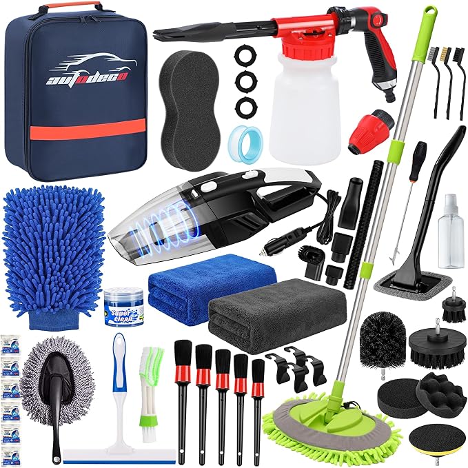 43Pcs Car Wash Detailing Kit Cleaning Kits with Foam Gun Sprayer Long Handle Mop Car Vacuum Drill Brush Large Wash Mitt Towels Complete Interior Exterior Car Washing Supply Set Blue