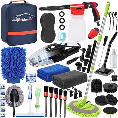 43Pcs Car Wash Detailing Kit Cleaning Kits with Foam Gun Sprayer Long Handle Mop Car Vacuum Drill Brush Large Wash Mitt Towels Complete Interior Exterior Car Washing Supply Set Blue