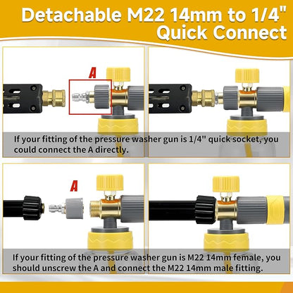 FIXFANS Foam Cannon Gun Dual Connector Accessory for Pressure Washer, Double Tip Attachment Soap Cannon with Power Washer Short Gun, Car Wash Foam Gun Kit, 1/4" Quick Connect, 5 Nozzle Tips