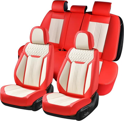 Coverado Seat Covers Full Set, Leather Car Seat Cover, Waterproof Car Seat Protector, Automotive Seat Covers Car Seat Cushion Universal Fit for Most Cars, Red&White