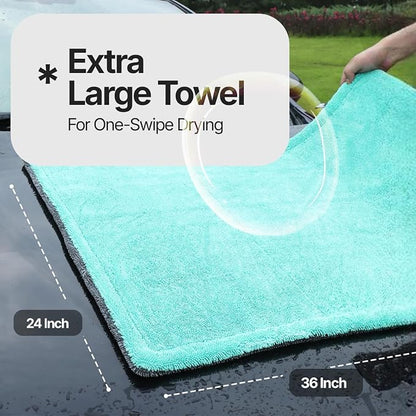 Crystal Clean 1300GSM Microfiber Towels for Cars – XL Drying Towel with Double Twisted Loop, Professional Detailing Towel Car Detailers - Quick Dry, Paint Safe & Swirl-Free (2 Pack Green)