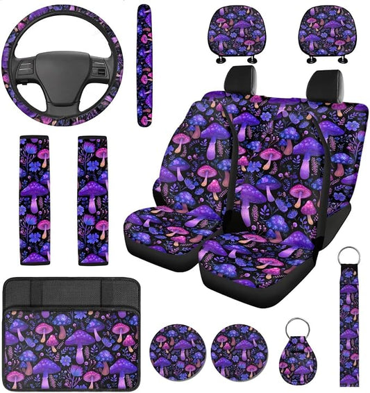14 Pcs Purple Mushroom Car Seat Covers Full Set with Auto Steering Wheel Cover Armrest Cushion Protector Seat Belt Covers,Rianbow Mushroom Auto Accessories,Universal Fit Cars SUV Trucks