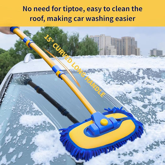 5PCS Car Wash Brush with Long Handle, 15°Curved Car Cleaning Brush with Replaceable Head Cover, Truck Washing Brushwith Telescopic Handle Wash Mop Kit (Blue)