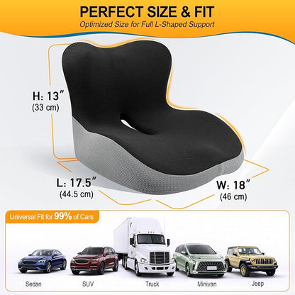 Allaboutsla Memory Foam Car Seat Cushion with Lumbar Support, L-Shaped Ergonomic Design for Long Driving, Pressure-Relief Comfort for Car, SUV, Semi Truck & Office Chair