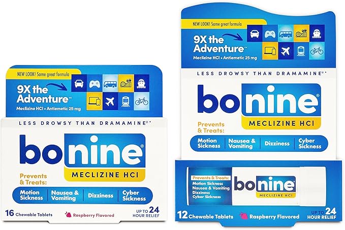 Bonine Non-Drowsy Motion Sickness Relief - Chewable Tablets with Meclizine HCL 25mg - Non Drowsy Medicine for Nausea or Motion Sickness - Cruise Essentials - Raspberry Flavor, 28 Chewable Tablets