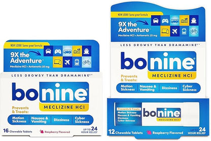 Bonine Non-Drowsy Motion Sickness Relief - Chewable Tablets with Meclizine HCL 25mg - Non Drowsy Medicine for Nausea or Motion Sickness - Cruise Essentials - Raspberry Flavor, 28 Chewable Tablets