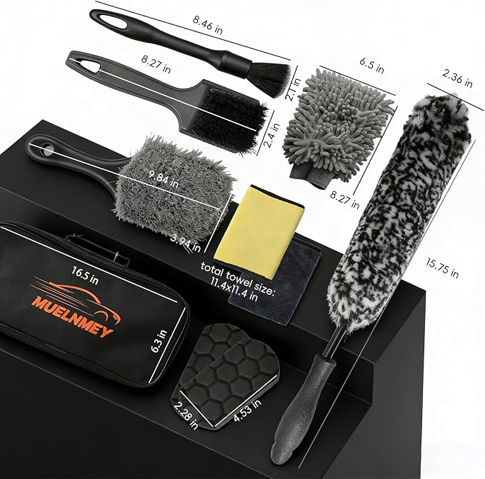 10PCS Car Wheel Cleaning Kit – Metal-Free Rim & Tire Brush Set with Wool Brush, Microfiber Cloths, Wax Pads & Storage Bag, Scratch-Free Detailing Tools for Cars Trucks SUVs RVs