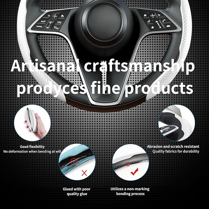 Carbon Fiber Steering Wheel Cover, 2-Piece Set Anti-Skid Comfortable Grip Segmented Butterfly Design, Easy Snap-On Installation Universal Fit 99% Cars, White