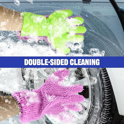 2PCS Car Wash Mitt, 5 Finger Chenille Microfiber Cleaning Mitt for Cars, Scratch-Free Auto Washing Gloves, Car Interior Exterior Cleaning Gloves, Great for Hard-to-Reach Areas (Purple)