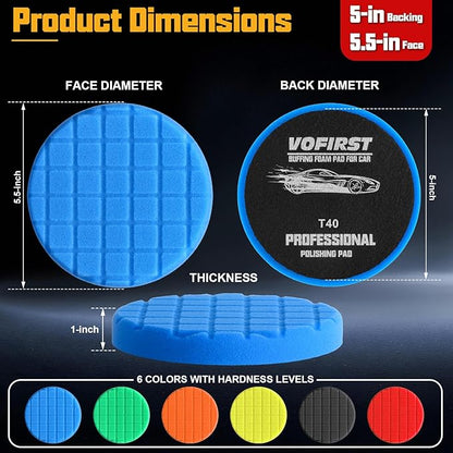 6 PCS 5.5 Inch Buffing Pads, Polishing Pad Kit for 5 Inch Backing Plate, Foam Sponge Buffing Pad for Car Buffer, Compounding, Polishing and Waxing
