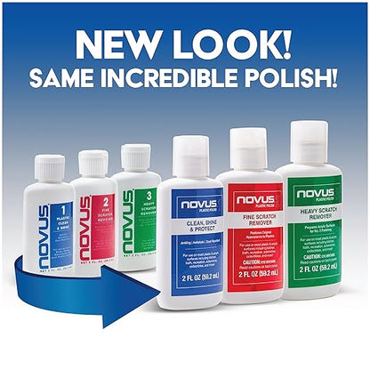 NOVUS-PK1-2 | Plastic Clean & Shine #1, Fine Scratch Remover #2, Heavy Scratch Remover #3 and Polish Mates Pack | 2 Ounce Bottles