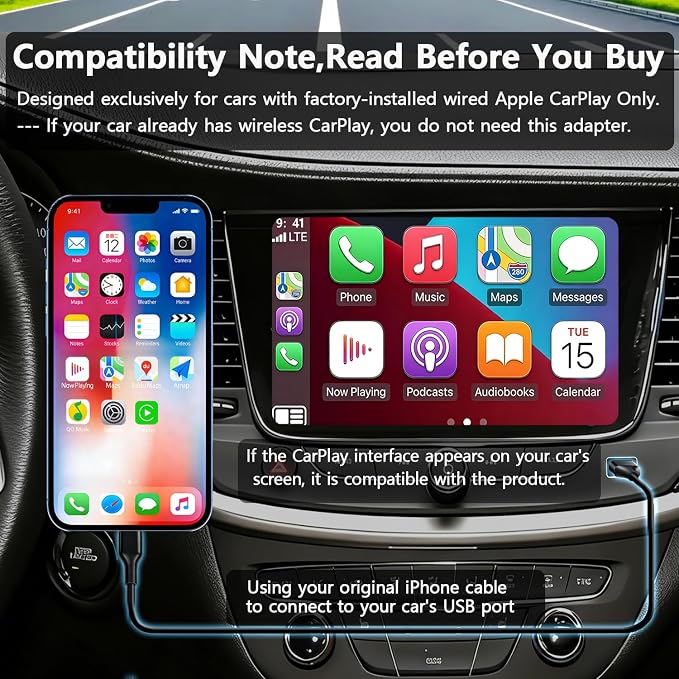 3-in-1 Wireless CarPlay Adapter with Video Streaming, Screen Mirroring & Fast Charging, Enables YouTube/TikTok via Wired Connection, Plug & Play,Car with Wired CarPlay