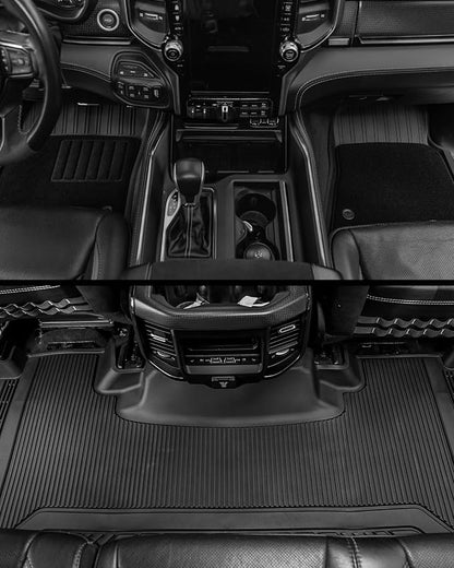 3W Floor Liner & Carpet Top Bundle for 2019-2024 Dodge Ram 1500 Crew Cab (New Body/Without Storage) All-Weather 1st & 2nd Row TPE Mats Set, Not for Classic Models