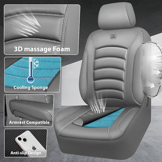 CAR PASS 3D Foam PU Leather Car Seat Covers, Universal Seat Covers Full Sets for Trucks SUV Sedan Automotive Seat Covers Armrest Airbag Compatible Waterproof Comfortable Faux Nappa Leather All Gray