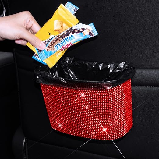 Cavalcade Car Trash Can, Hanging Trash Bin, Leakproof Garbage Organizer, Bling Vehicle Waste Basket, Mini Dustbin Container with Clip for Car, Office, Kitchen, Bedroom, Home and More, Red, Small