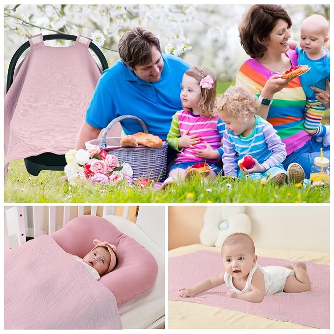SERAPHY 100% Muslin Cotton Car Seat Cover Baby, 2 Pack Universal Carseat Covers Baby Boy Girl, Breathable Car Seat Canopy, Soft Infant Car Seat Cover for Summer and Winter—2 Pcs Pink&Flowers