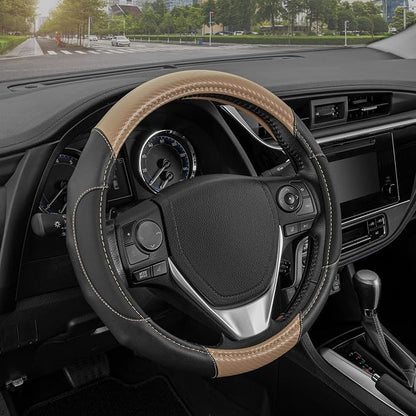 Motor Trend GripDrive Carbon Fiber Steering Wheel Cover, Non-Slip Sporty Racing Faux Leather Ergonomic Comfortable Handle, Steering Wheel Cover for Cars Trucks Vans SUV - Fits Standard 15 Inch - Beige