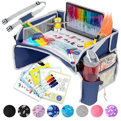 PILLANI Kids Travel Tray for Car - Toddler Travel Essential with iPad Holder & Dry Erase Board - Road Trip Essentials - Carseat Table - Toddler Lap Desk Organizer for Airplane - Kids Travel Essentials