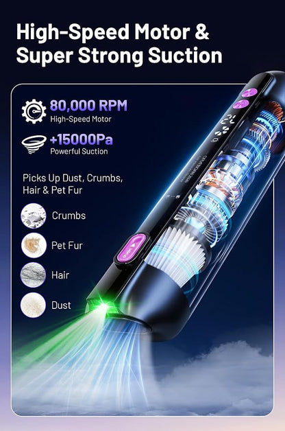 Handheld Car Vacuum Cleaner 15000Pa, Portable Cordless Mini Vacuum Blower 3 in 1, LED Display, Type C Rechargeable, Small Vacuum for Car Interior, Home, Desk Cleaning (Matte Black)