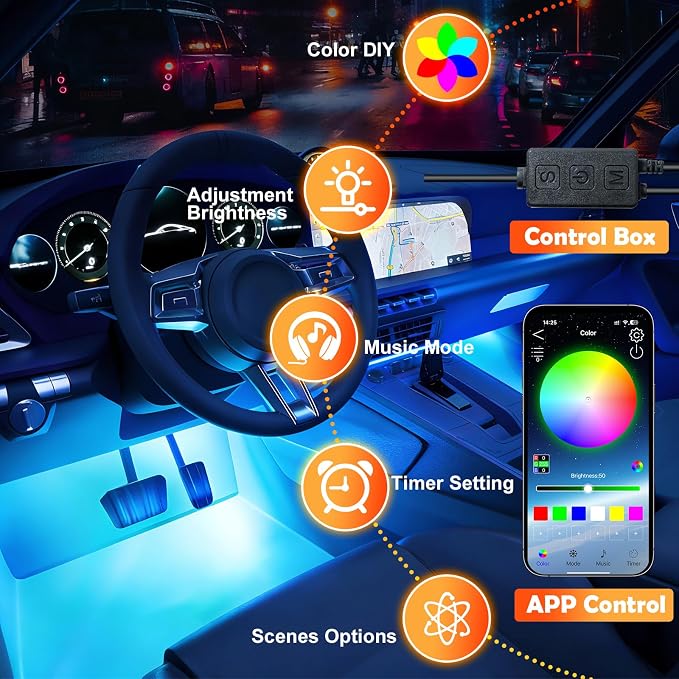 Car Led Strip Lights, RGB Truck Interior Lights with App Control, Under Dash Footwell Automotive Led Light Strip, Car Ambient Lighting for SUV(1set)