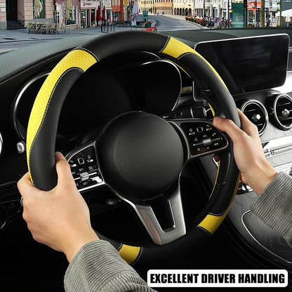Microfiber Leather Steering Wheel Cover Large for Ford F150 F250 F350 RAM 4Runner Tacoma Tundra Range Rover Model X Model S, Breathable, Anti Slip, 15.5 inch to 16 inch, Black with Yellow