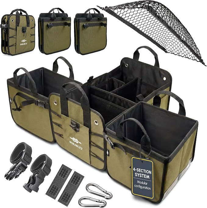 4-Section Extra Large Trunk Organizer – Heavy Duty 1680D, Collapsible & Foldable Cargo Organizer, Modular Multi-Shape Storage System for SUVs, Trucks, Vans – Green