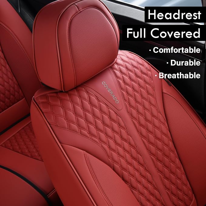 Coverado Car Seat Covers Full Set, Red Car Seat Cover, Luxury Leather Seat Covers for Cars, Waterproof Front and Back Car Seat Protector, Car Seat Cover Universal Fit for Most Cars