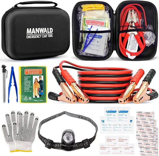 Emergency Car Tool Kit Roadside Assistance Tool Kit, Vehicle Safety Tool with Headlamp, Gloves and Jumper Cable Kit, Essential Car Accessories for Men, Women