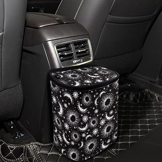Celestial Sun Moon Stars Print Trash Can for Car Leakproof Garbage with Lid and Zipper Trash Bin Hanging Back of Seat Auto Interior Accessories Universal Fit Most Truck SUV Van