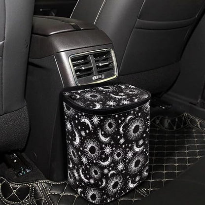 Celestial Sun Moon Stars Print Trash Can for Car Leakproof Garbage with Lid and Zipper Trash Bin Hanging Back of Seat Auto Interior Accessories Universal Fit Most Truck SUV Van